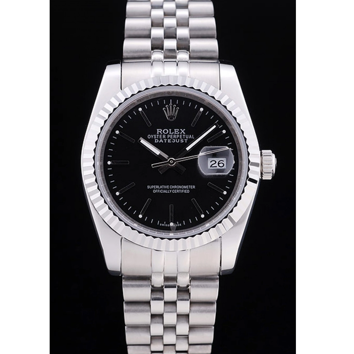 Aaa replica Ribbed Diamonds Datejust Black 7456 Dial Rolex Bezel 0803